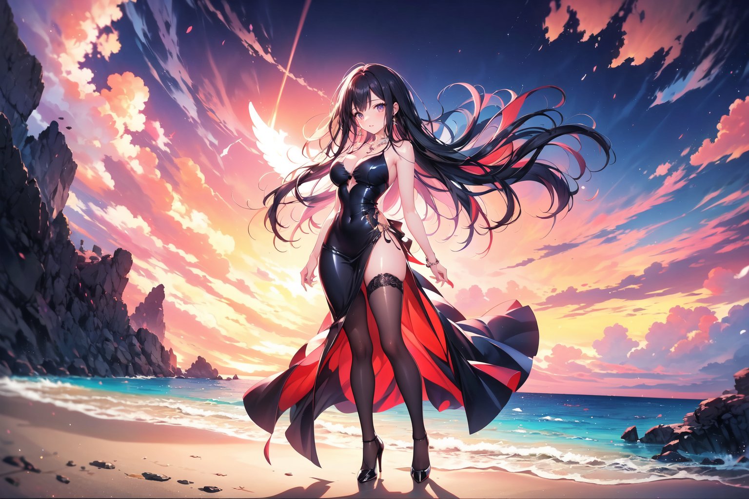 A 25-year-old girl, at the beach, with long black hair, wavy hair, black breastless evening dress, stockings, high heels, necklace, angel wings, evening,