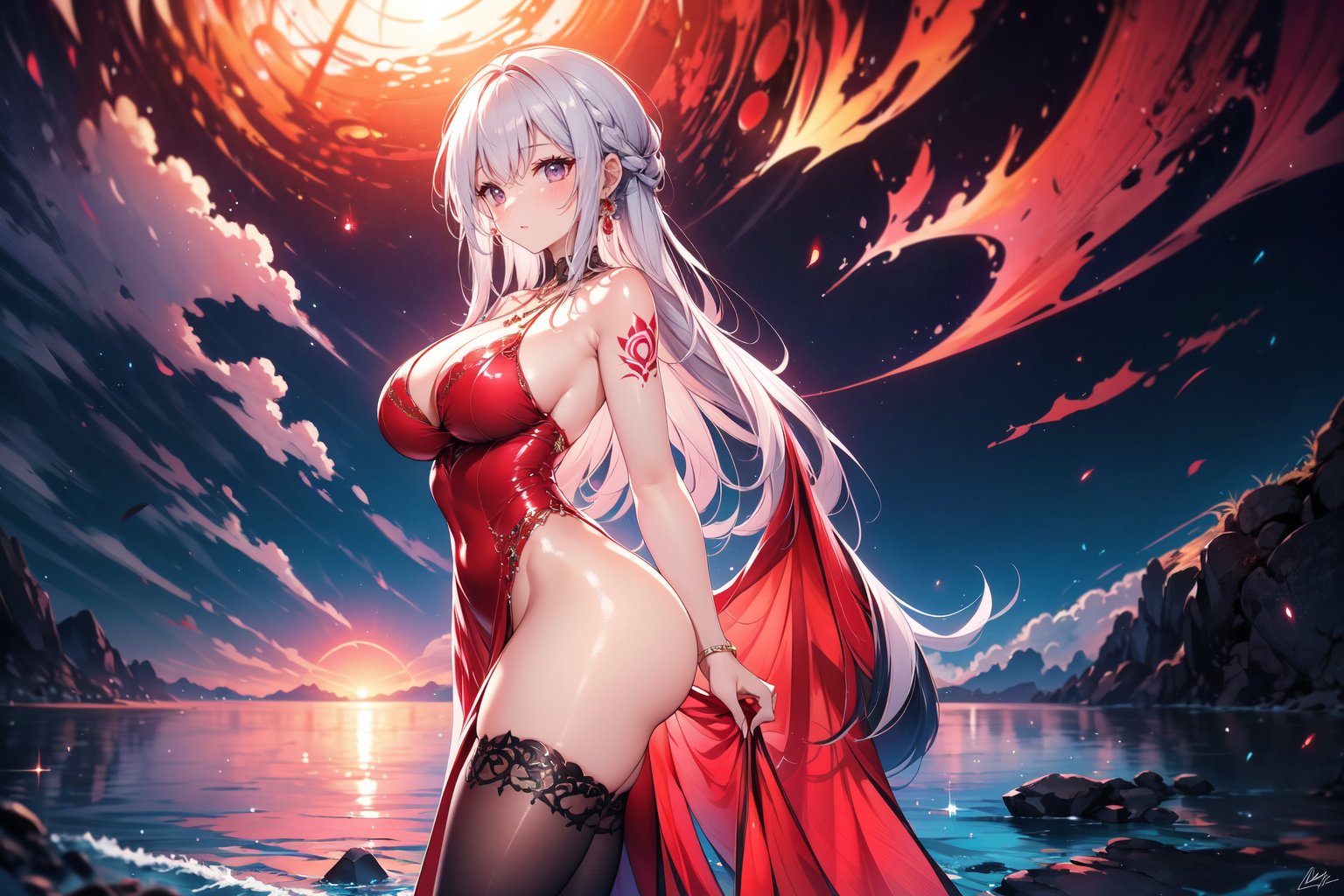 A stunning young woman, with shimmering silver locks cascading down her back in loose waves, stands confidently at the water's edge. The breastless evening gown clings to her toned physique, while bold red stockings and towering high heels add a touch of provocative glamour. A delicate necklace adorns her neck, drawing attention to the striking wing tattoo that wraps around her shoulder blade, as she gazes out at the endless blue horizon.