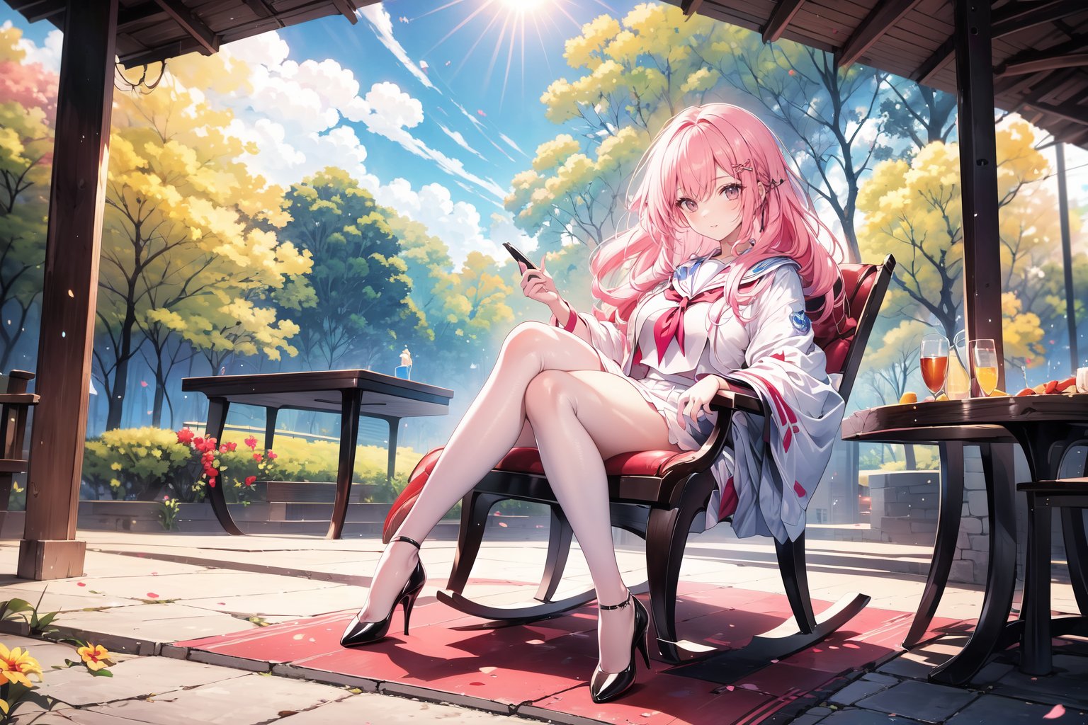 A 20-year-old girl in the park, rocking chair, long pink hair, wavy hair, white sailor suit, stockings, high heels,