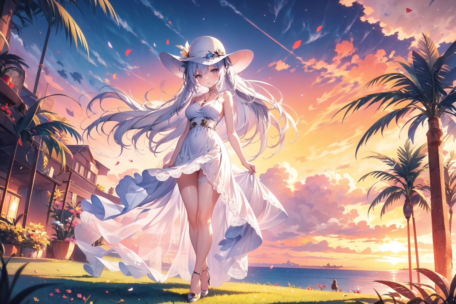 An 18-year-old girl, on the grass, with long white hair, long wavy hair, pigtails, ponytail, open-breasted dress, stockings, high heels, necklace, evening, sunny day, sun hat, little foreign hat