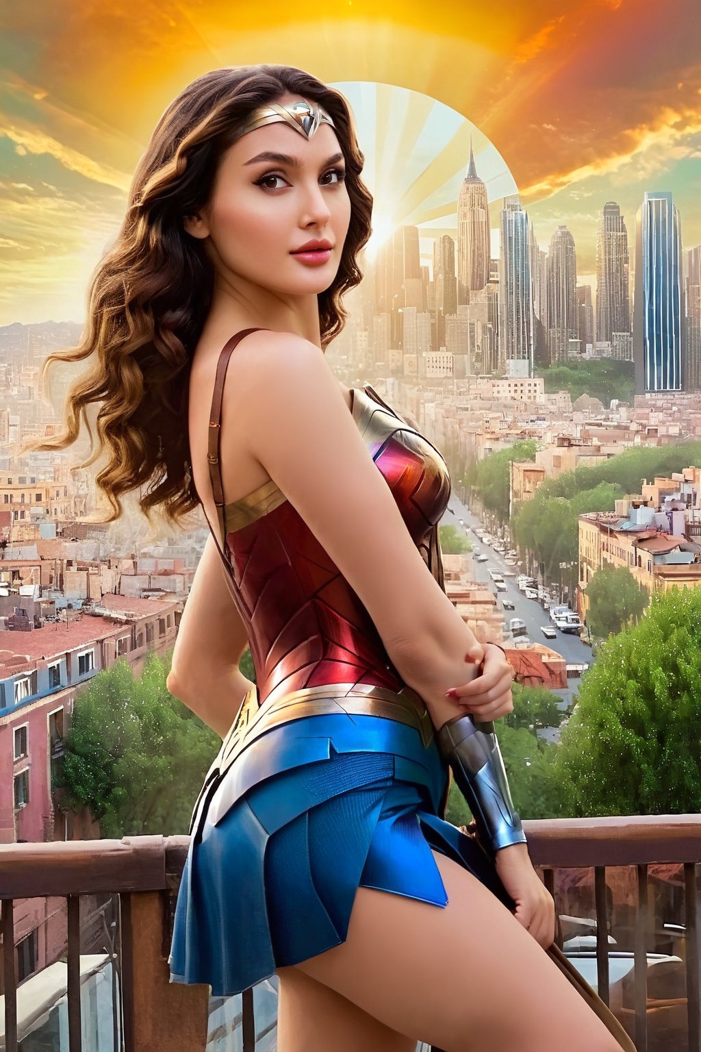 a highly detailed illustration of a beautiful young women in retro city . warm colors, crepuscular rays, masterpiece, professional, award-winning, exquisite detailed, highly detailed, UHD, 64k,wonder-woman-xl,h4n3n