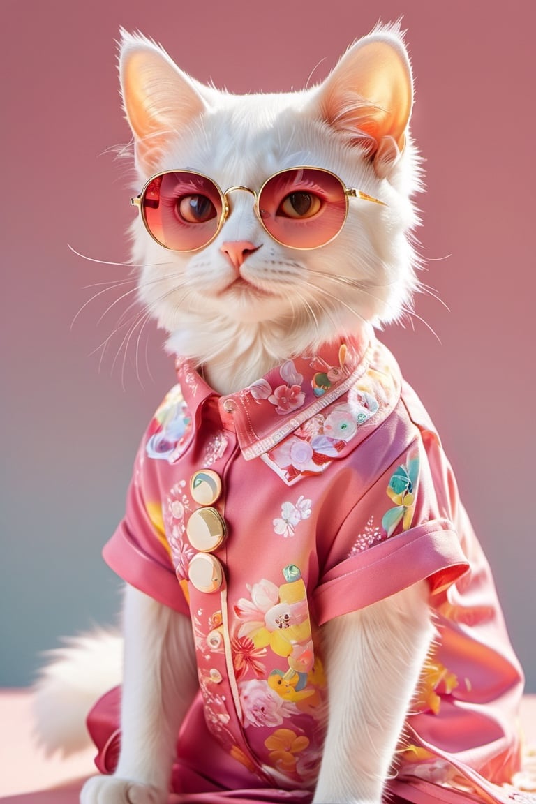 a anthropomorphic white cat, Cute,wearing a pink and yellow floral printed gradient color short sleeved, high necked shirt with round sunglasses, in the style of Korean style, with a cute hairstyle, in a lively pose, against a colorful background, in a full body portrait, with anime inspired characters and digital art techniques, using bright colors and clear details.