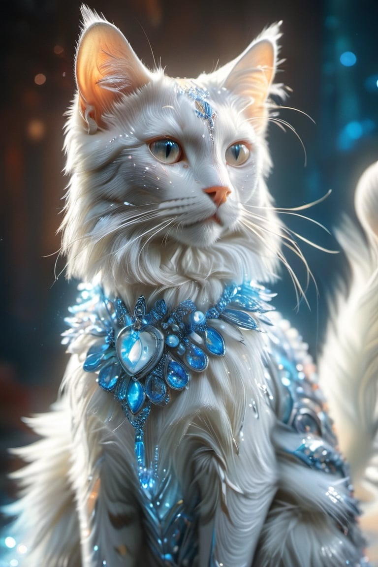 a anthropomorphic white cat,living,beautiful,with long fur, wearing glowing pearls on its chest and neck, with holographic light effects all over the body. The photo adopts high saturation colors, with strong contrast between cold blue tones and warm orange hues. it has exquisite makeup and delicate skin texture. its eyes sparkle as it gazes into the distance.,,in