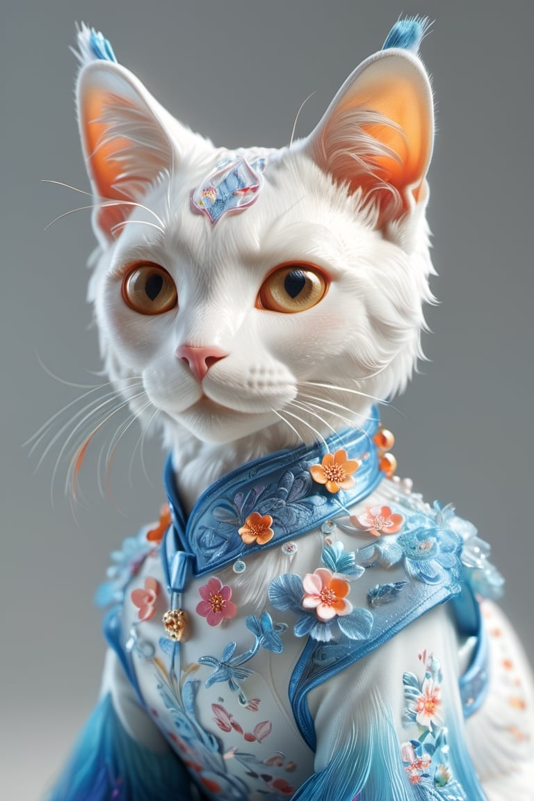A anthropomorphic white cat,3D rendering, wearing an elegant blue floral cheongsam with orange and pink flowers on the shoulders, with white hair against a simple gradient background with soft light and a clean solid color background in a closeup shot featuring bright colors in the style of a cute style rendered with blender modeling and rendered with OC renderer.full body.