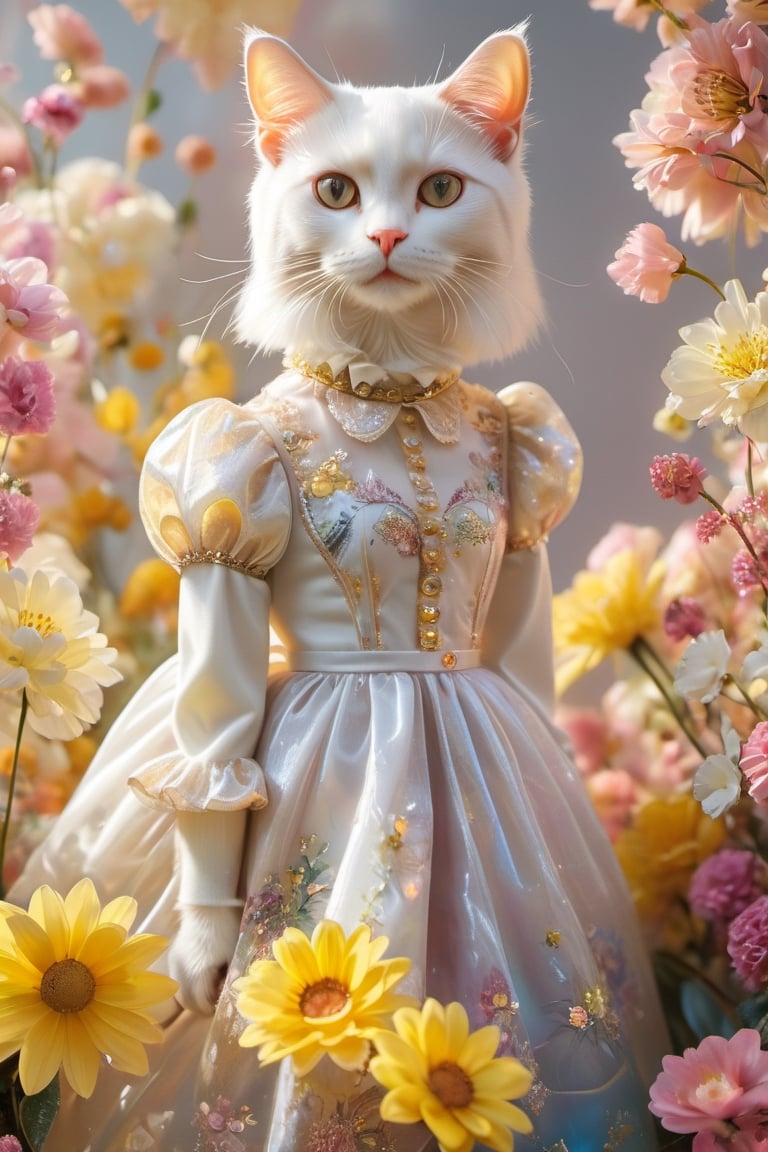 a anthropomorphic white cat,living,beautiful,wearing a short skirt and yellow shirt,standing on big flowers, with a pastel color tone, in the style of a holographic dress, for fashion photography, with a super realistic, full body shot, and long legs.