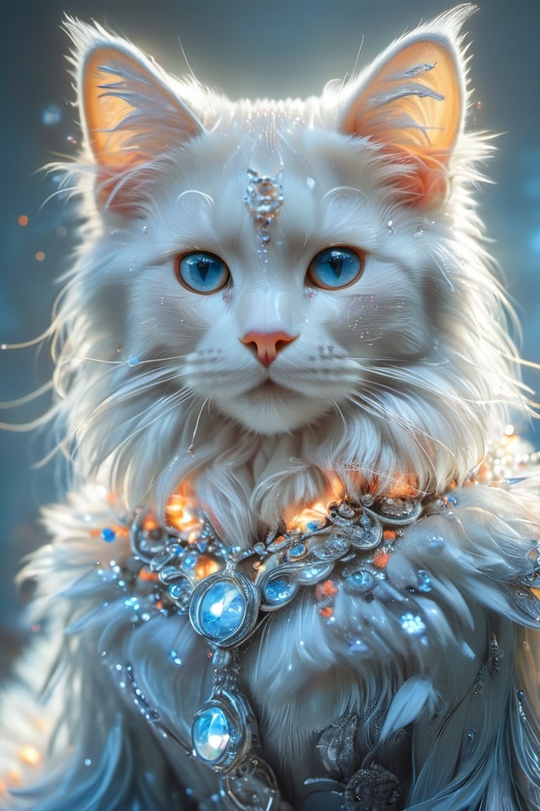 a anthropomorphic white cat,living,beautiful,with long fur, wearing glowing pearls on its chest and neck, with holographic light effects all over the body. The photo adopts high saturation colors, with strong contrast between cold blue tones and warm orange hues. it has exquisite makeup and delicate skin texture. its eyes sparkle as it gazes into the distance.,,in