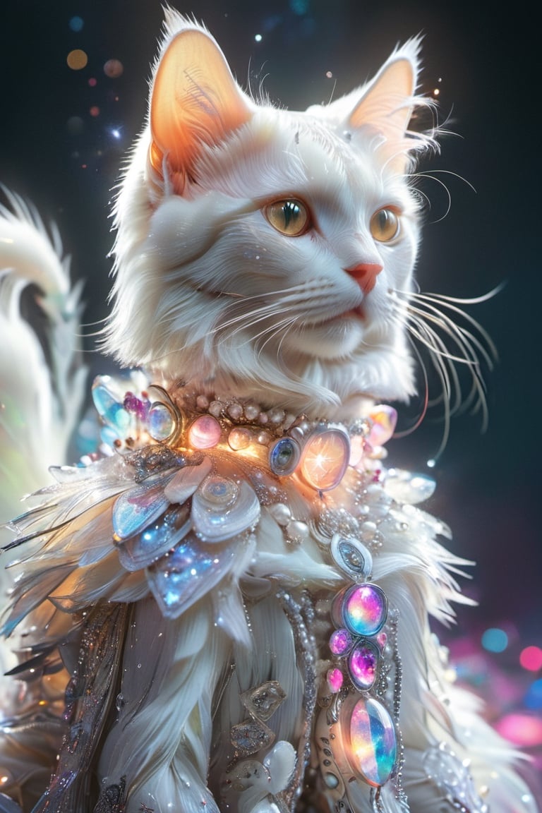a anthropomorphic white cat,living,beautiful,with in neon light colors against its fur, adorned with colorful glowing glitter that sparkles like stars. The photo was taken by photographer Chen Man, and it showcases a cinematic texture. It is a masterpiece with exquisite details, capturing every detail oniits face. In this close shot, it standing tall wearing pearl earrings, creating a stunning effect.