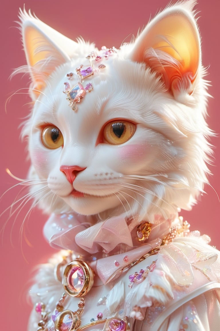 a anthropomorphic white cat, Lively, beauty, 3D anime animal character design, yellow background, bright colors, soft lighting, cheerful expression, digital art style, fantasy elements, high resolution, rich details.wearing colorful .pink lips , smiling brightly in the style of digital art.