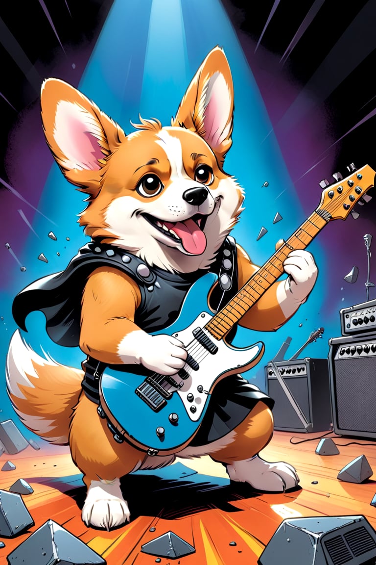 comic book illustration, a corgi playing heavy metal guitar, comic art, graphic novel art, vibrant, highly detailed,3D