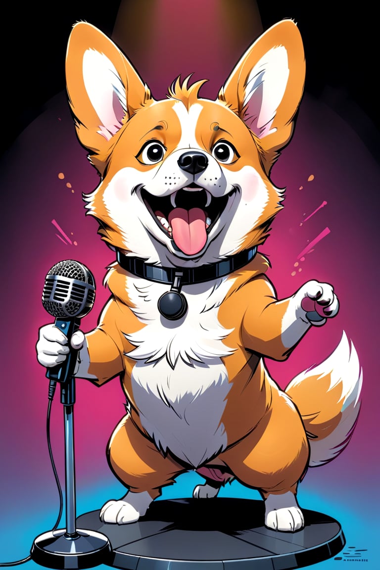 comic book illustration, a corgi standing up singing heavy metal with a black microphone, comic art, graphic novel art, vibrant, highly detailed,3D