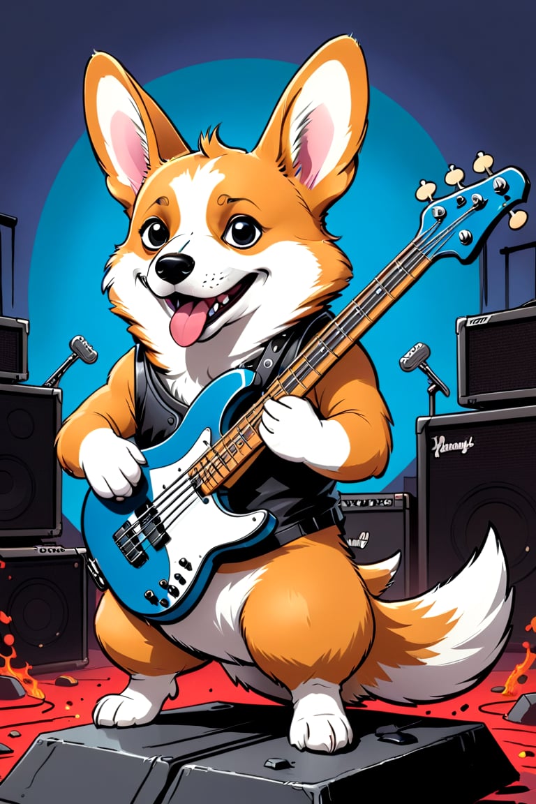 comic book illustration, a corgi playing heavy metal bass guitar, comic art, graphic novel art, vibrant, highly detailed,3D