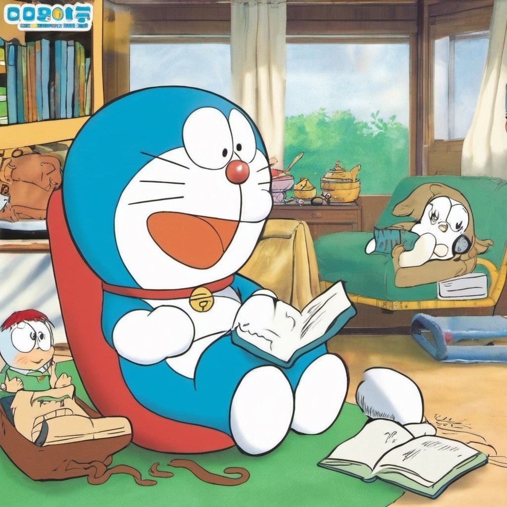 (Doraemon), book, reading, food, male focus, lying, on stomach,shorts, bell, smile, parody,ground vehicle, socks, brown hair, neck bell, crossover, glasses, open book, head rest, motor vehicle, bookshelf, style parody, 1boy, collar, indoors, tatami, sitting, car, blue shorts, artist name, open mouth, flat color, retro artstyle, table, twitter username, trait connection, signature, cosplay, jingle bell, window, closed eyes, official style, shirt, holding book