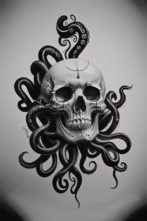 Dark tattoo, skull with big tentacles under it, black and white, detailed, realistic