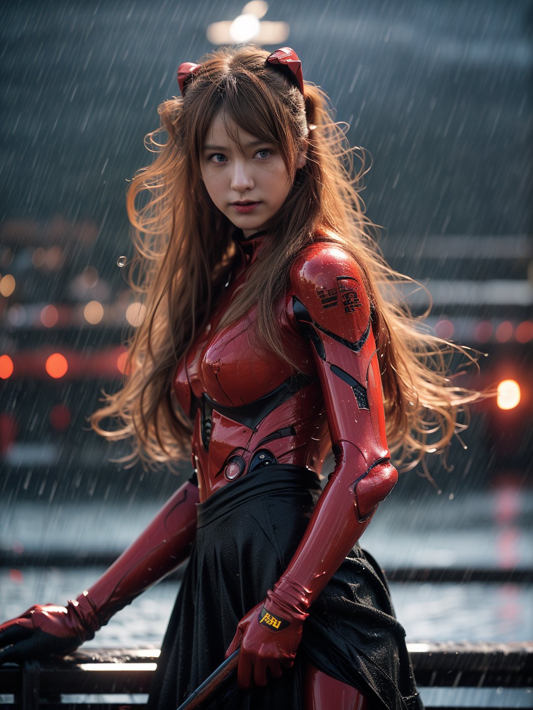 Epic CG masterpiece, Asuka Langley Soryu,hdr,dtm, full ha,8K, ultra detailed graphic tension, dynamic poses, stunning colors, 3D rendering, surrealism, cinematic lighting effects, realism, 00 renderer, super realistic, full - body photos, super vista, super wide Angle, HD(Severe smog:1.1),(It's raining:1.3),Facing the audience,(Raising the weapon in hand:1.1),(messy hair:1.2), (Is attacking the audience with a weapon in hand:1.1)black clother,( wet hair:1.4),(Black transparent pantyhose:1.1)(light anger:1.1)(More halos:1.5)(Floating cape and skirt:1.1)(evil smile:1.1), (red ribbon),(Blood on face:0.8),A shot with tension,(sky glows red,Visual impact,giving the poster a dynamic and visually striking appearance:1.2),