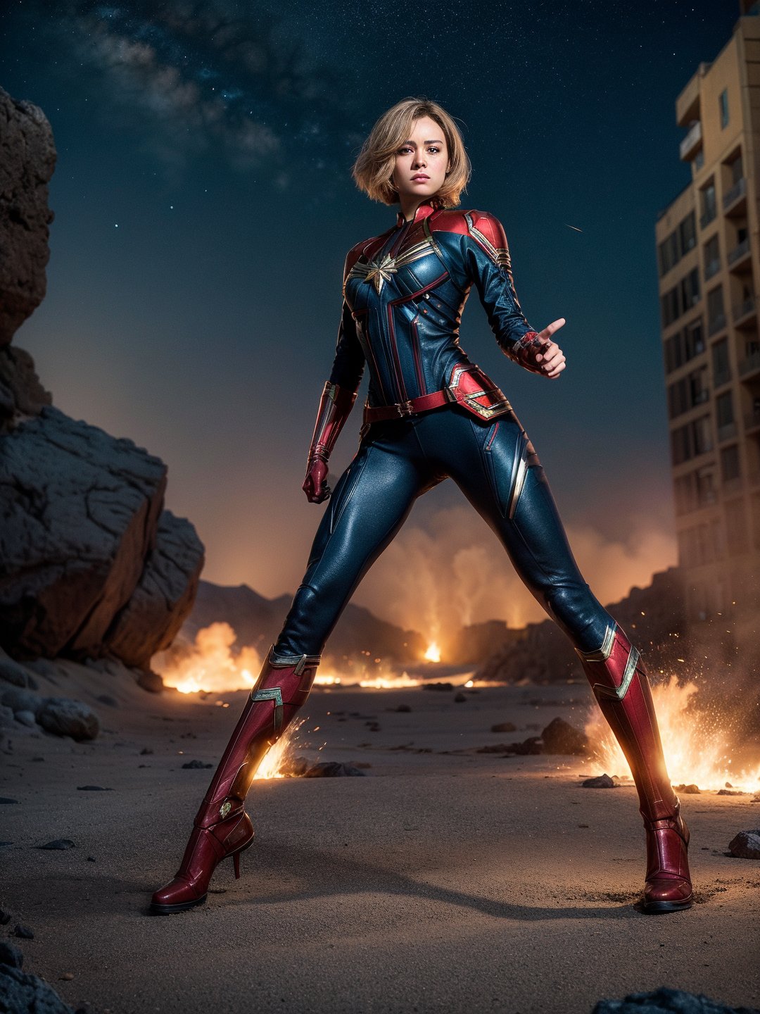 Epic CG masterpiece, Captain Marvel, bikini suit, hdr,dtm, full ha, charging forward battlefield, the burst meteor, the fierce battle of fighting with his life, 8K, ultra detailed graphic tension, dynamic poses, stunning colors, 3D rendering, surrealism, cinematic lighting effects, realism, 00 renderer, super realistic, full - body photos, super vista, super wide Angle, HD