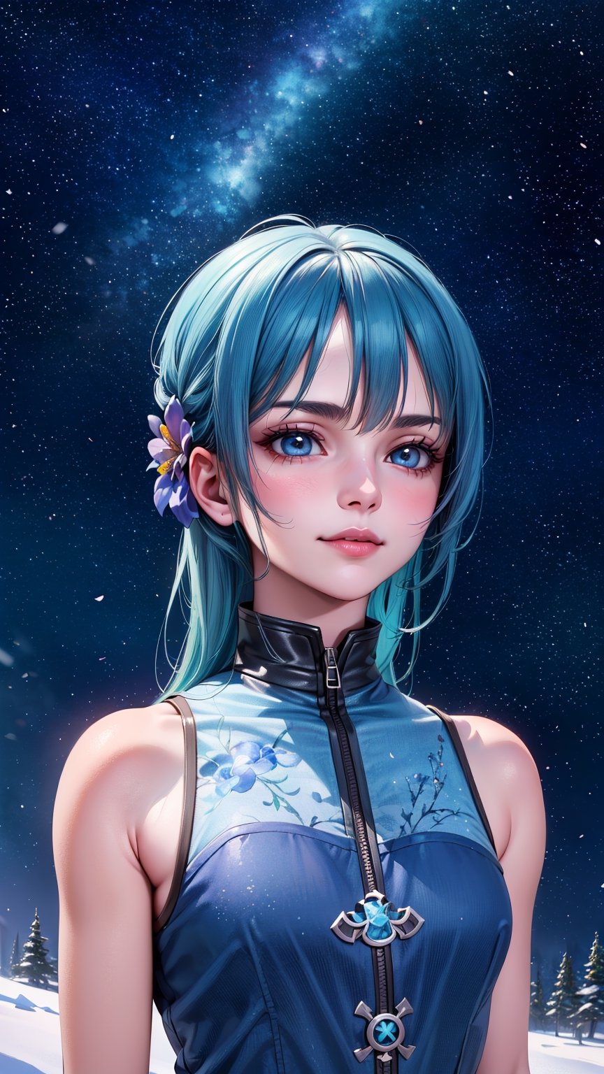 (absurd, High resolution, Super detailed, Ultra HD, Movie), Solitary, 1 Girl, Mature, Happy, girl standing in Light Blue flower field, Light Blue flower petal surrounding girl, whole body, Blue long hair girl, Light Blue hair, fantasy, Dreamy, snow, Official Art, Pop Art, contour, Super detailed face, Super detailed eyes, Light Blue flower field, Super detailed field, White blue sky, cold, Light Blue, White, Nebula in the sky, Blue Tree, watercolor, Pastel colors
,nami \(one piece\),FaytLinegod_SO3