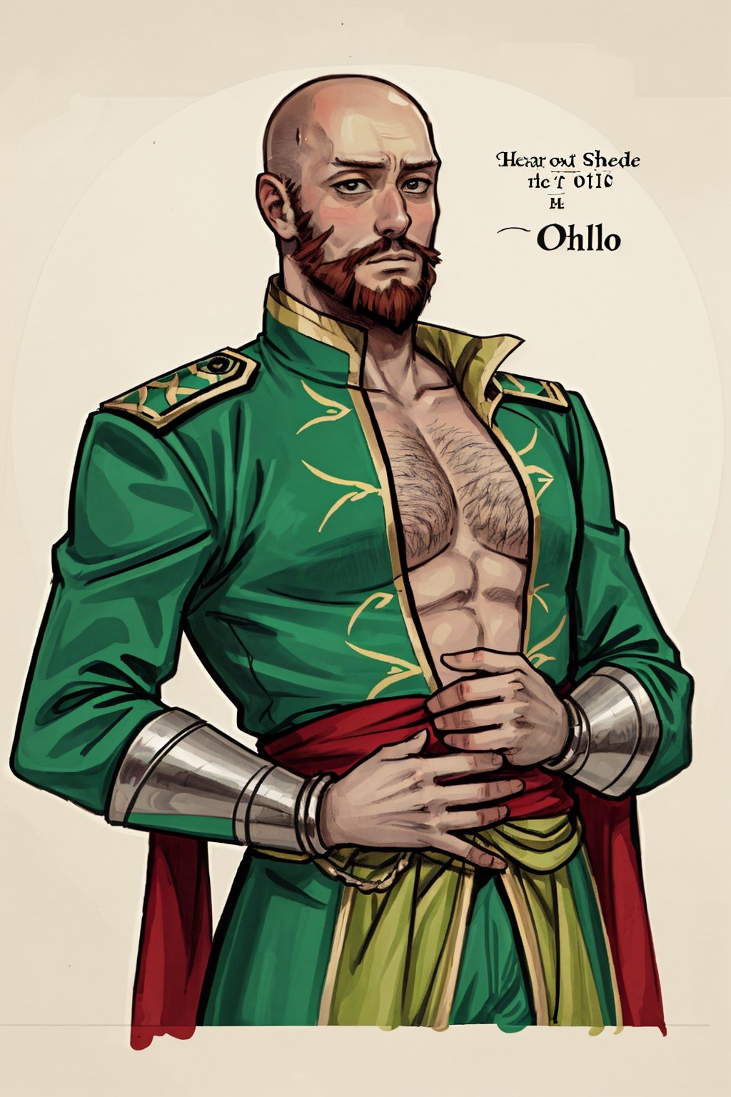 
Cassio (from Shakespeare's novel Othello) in the year 1603, alone, bald, beard. Looking ahead with an empty background
