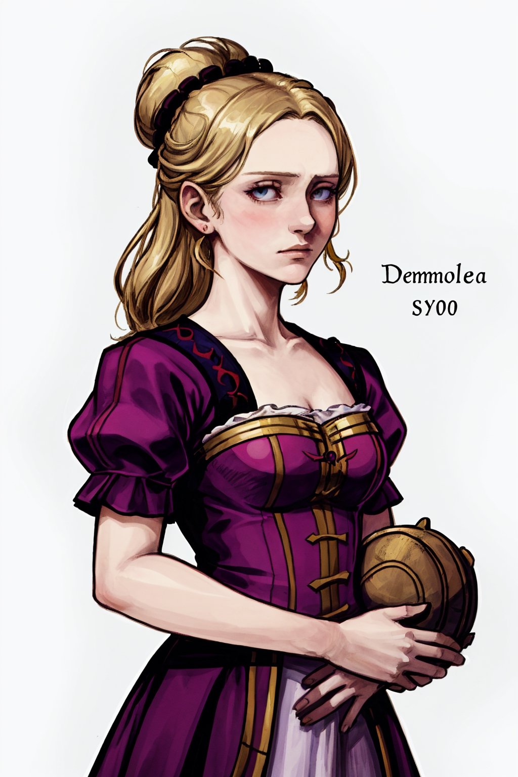 Desdemona (from Shakespeare's novel Othello) in the year 1603, alone, looking ahead with an empty white background

color illustration