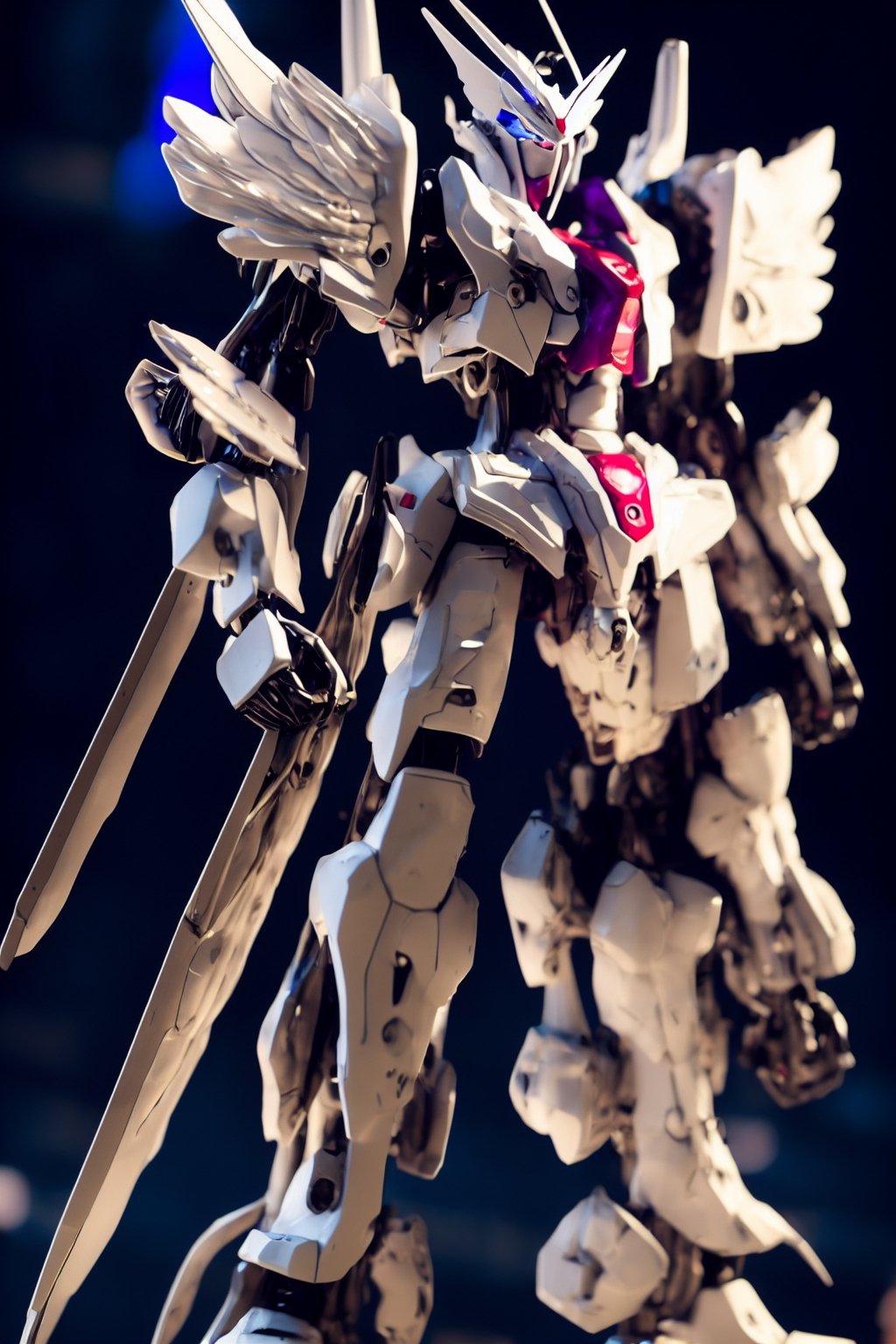 BJ_Gundam, wings, solo, blue_eyes, weapon, wings, gun, no_humans, glowing, robot, mecha, clenched_hands, floating, science_fiction, mechanical_wings, v-fin,cinematic lighting,strong contrast,high level of detail,Best quality,masterpiece,White background,. Extremely high-resolution details,photographic,realism pushed to extreme,fine texture,incredibly lifelike,BJ_Gundam,Big Gun, explosion, 