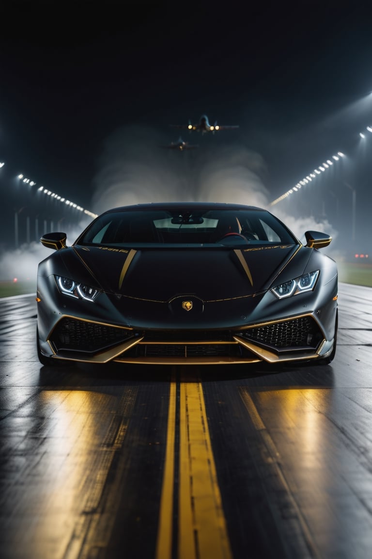 8K, UHD, wide angle view of (Lambo Huracan), futuristic car in vanta black, gold ornate decals, in almost dark outdoors, on runway tarmac, (intense close-up view of aircraft flying very low:1.2) cinematic, total darkness, (totally dark background:1.1), volumetric mist, ambient occlusion, 