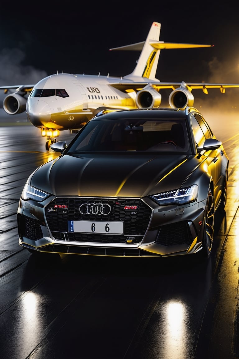 8K, UHD, wide angle view of (audi rs6), futuristic car in vanta black, gold ornate decals, in almost dark outdoors, on runway tarmac, (intense close-up view of aircraft flying very low:1.2) cinematic, total darkness, (totally dark background:1.1), volumetric mist, ambient occlusion, 