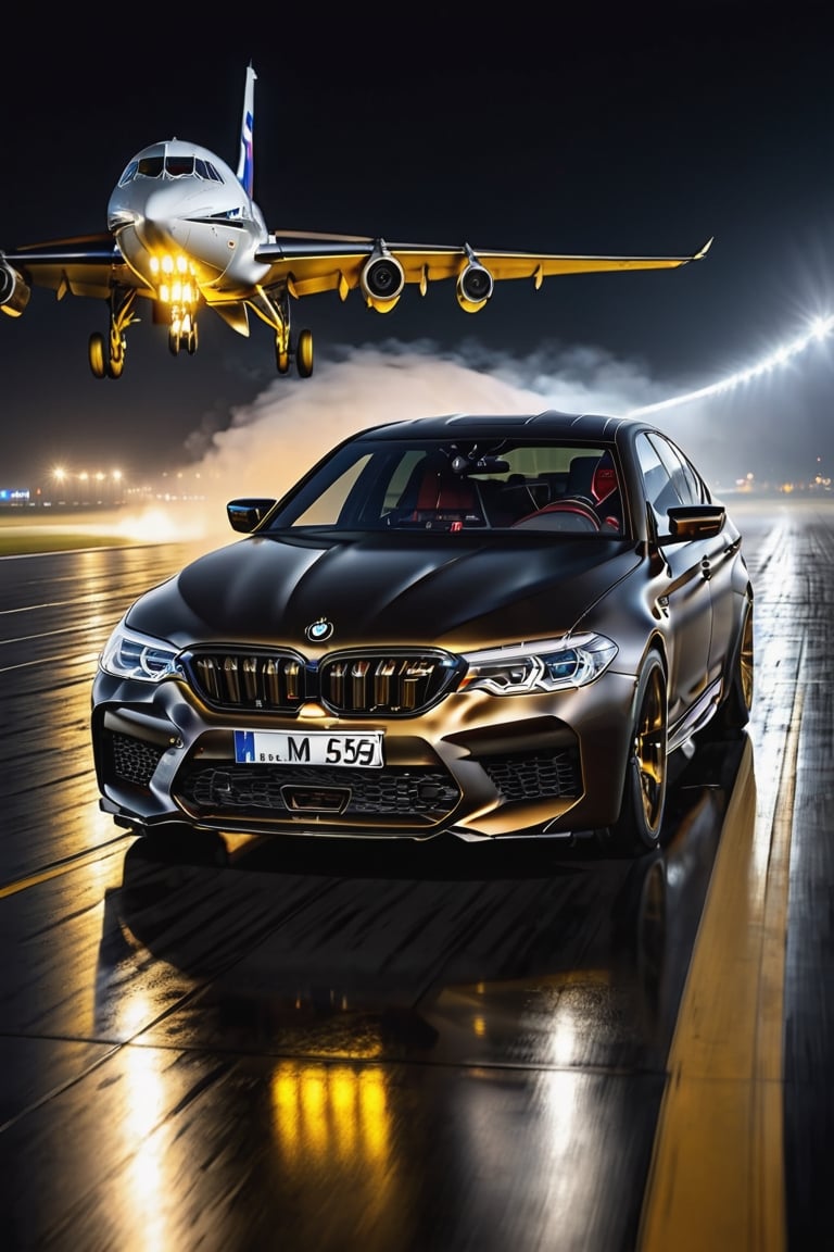 8K, UHD, wide angle view of (bmw m5 competition), futuristic car in vanta black, gold ornate decals, in almost dark outdoors, on runway tarmac, (intense close-up view of aircraft flying very low:1.2) cinematic, total darkness, (totally dark background:1.1), volumetric mist, ambient occlusion, 