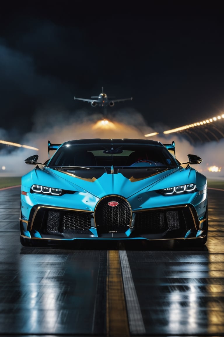 8K, UHD, wide angle view of (Bugatti Divo), futuristic car in vanta black, gold ornate decals, in almost dark outdoors, on runway tarmac, (intense close-up view of aircraft flying very low1.1) cinematic, total darkness, (totally dark background:1.2), volumetric mist, ambient occlusion, 