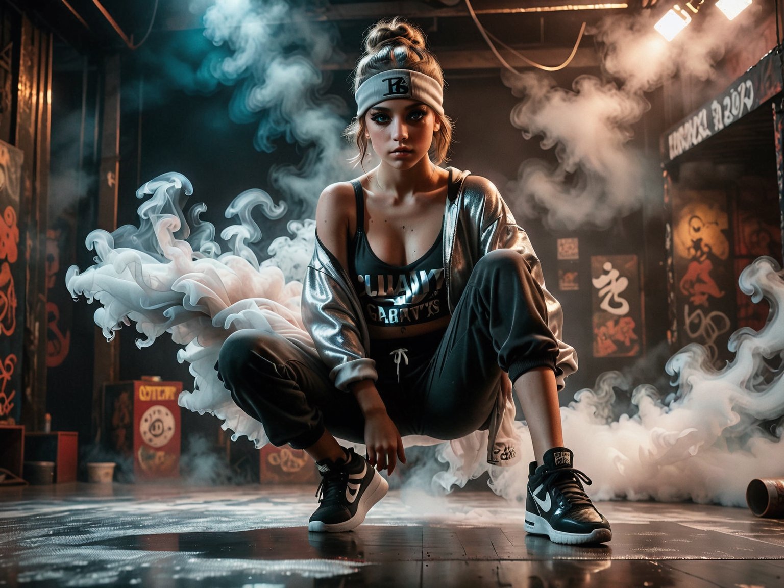 1girl, ultra realistic, masterpiece, highest quality, 8k, highly detailed eyes, cinematic look, 25 years old, full body, dressed as a b-girl, gravity art background, b-boy poses, she’s in the spotlight, surrounded by smoke,