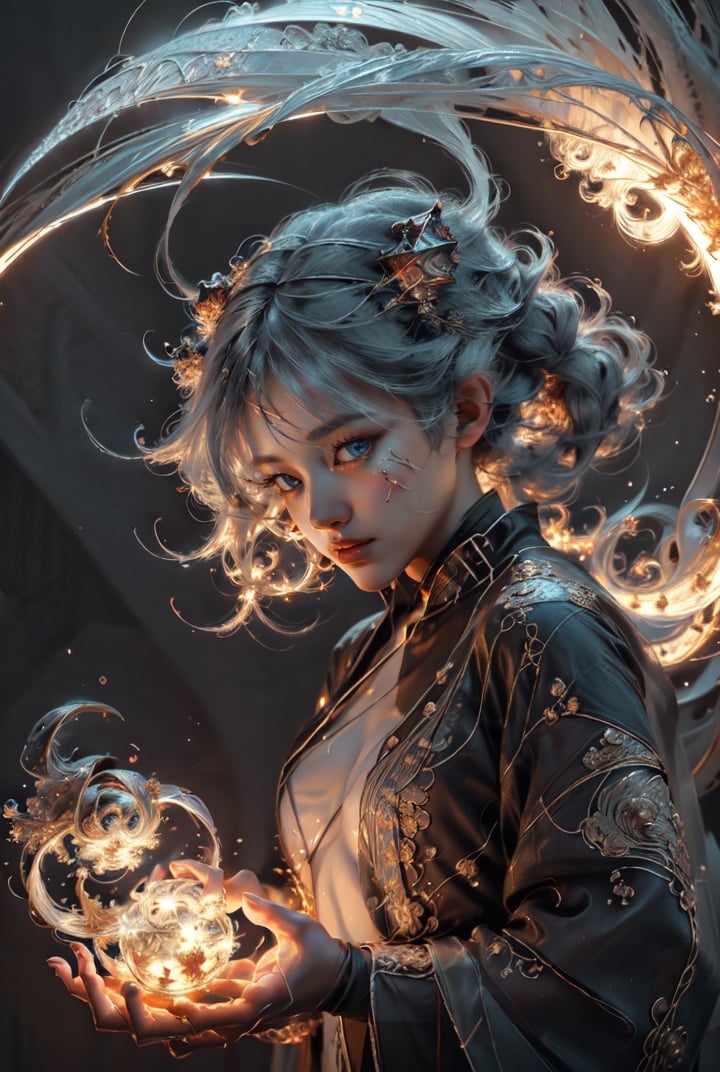 (masterpiece, top quality, best quality, official art, beautiful and aesthetic:1.2), (1girl), extreme detailed,(abstract, fractal art:1.3),colorful hair,highest detailed, detailed_eyes, fire, water, ice, lightning, light_particles, ghost,