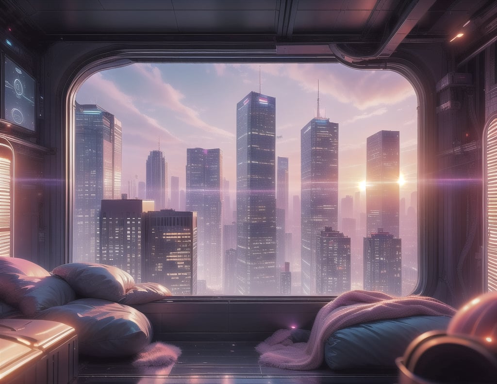 City, metropolis, with skyscrapers, against the backdrop of a pink sunset, pink and peach sky, the glare of the sun on the buildings, sun rays between buildings, without people, Futuristic future, adstech