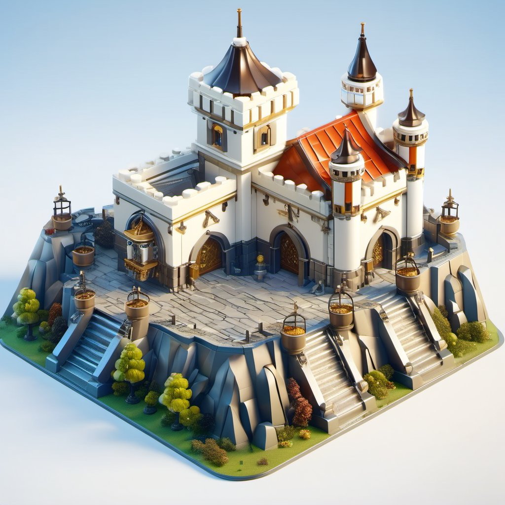 8k, RAW photos, top quality, masterpiece: 1.3),
 medieval tower,Citadel,Fortress,Fortified city
, miniature, landscape, depth of field, ladder,  from above, English text, isometric style, simple background, white background,3d isometric,steampunk style,ff14bg,DonMSt33lM4g1cXL,DonMD0n7P4n1cXL,LEGO MiniFig