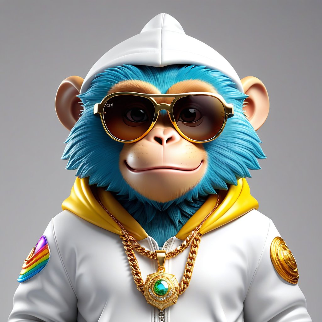 Cinema4D's hyper-realistic character photo 3D caricature for the mascot, showing the 3D characters \"Kaijō"\ on a gold necklace.
The main object shows a half-body character, a monkey.
Wear a hooded jacket with a smooth, colorful gradient. Rainbow chrome surface tone Big smock cigar Golden sunglasses, an angry look, an exaggerated figure that looks perfect and sophisticated. symmetrical and serious Realistic digital cartoon style Plain white background