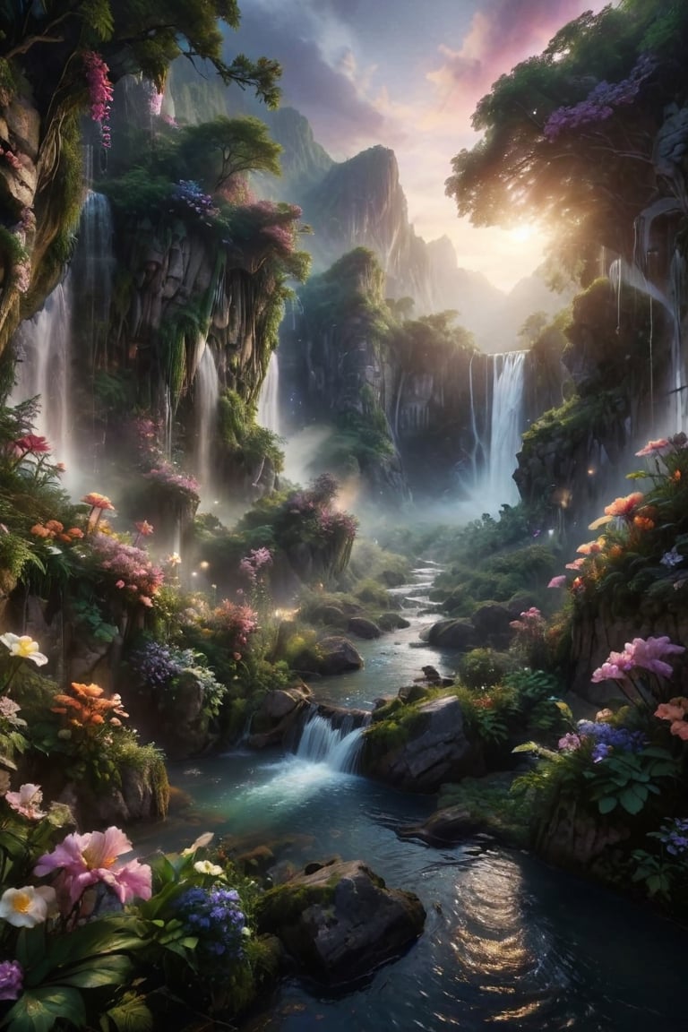 Create an enchanting vertical landscape featuring multiple luminous waterfalls cascading down from towering cliffs into a serene river, surrounded by lush greenery and blooming flowers under the soft glow of twilight.