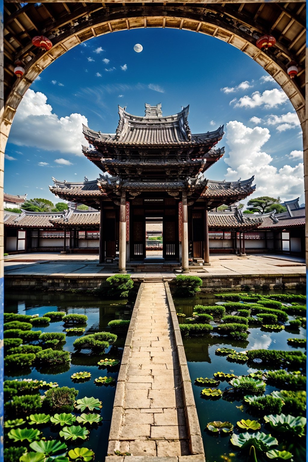 outdoors, sky, cloud, water, tree, no humans, building, scenery, reflection, lantern, stairs, architecture, east asian architecture,Chinese Architecture,blue moon, blue lotus pond,Surreal composition,Buildings scattered high and low,looking down from the sky, looking down, overlooking perspective,Chinese Palace,Historical Taiwanese Temple