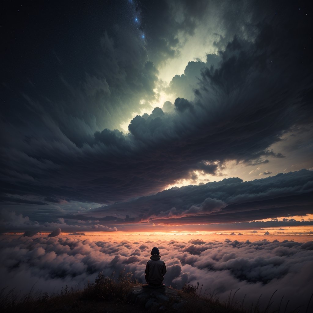 masterpiece, best quality, aethetic, A blanket of clouds stretching across the sky, diffusing night time and creating a soft, subdued atmosphere