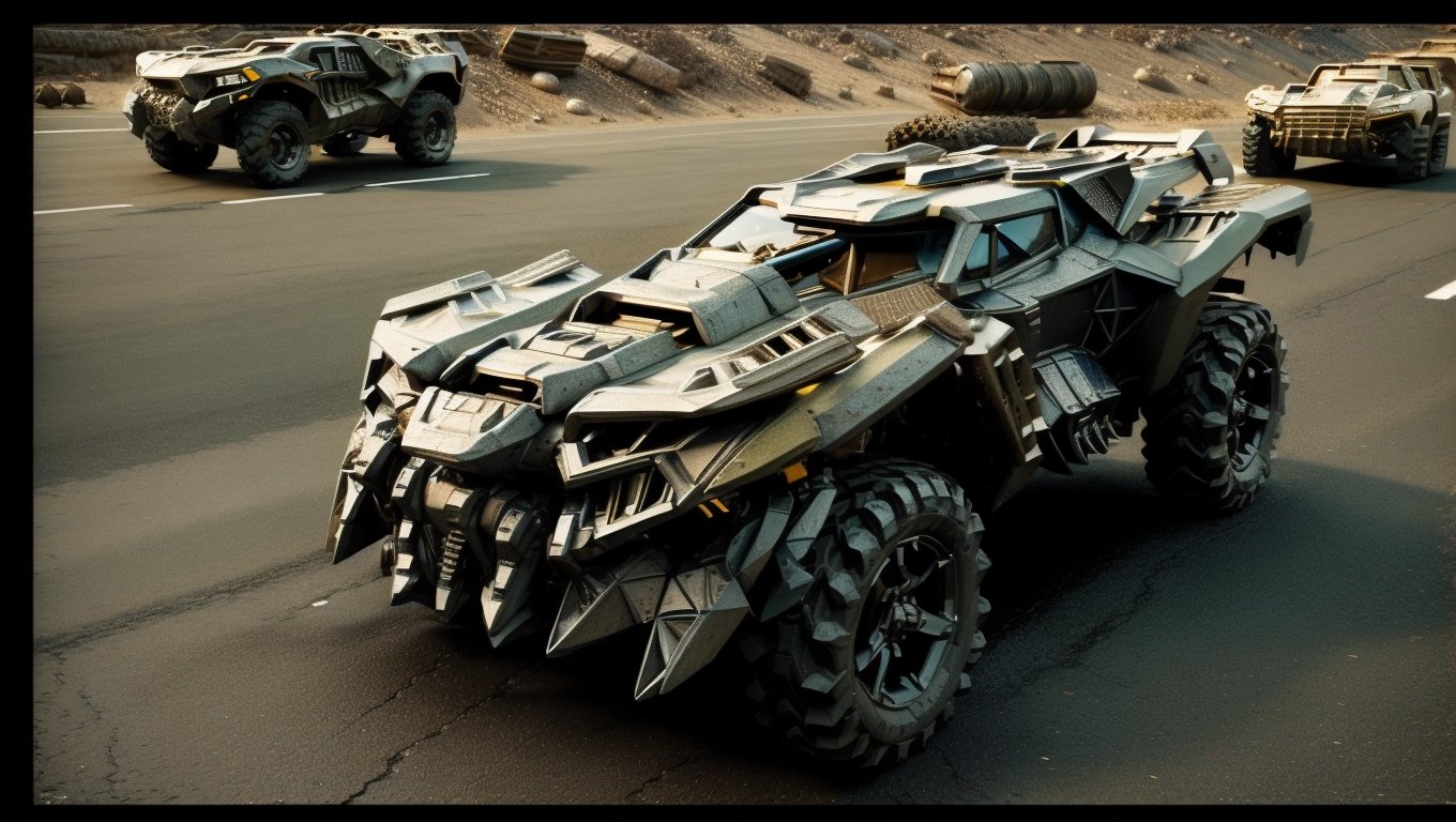 1 vehicle,mad max style lunar rock color All-terrain vehicle with colored tire lettering parked on the side of a road, Shield style,Overhead suspension, military metal,Hard surface,nostalgic 8k, restomod, ultra - realistic, ultra-realistic,Realism,Epicrealism,mxsuv,Head direction,Head direction,The war damaged the paint,Industrial machinery,Hard line,Halley,bulldozer,Unreal Engine rendering,realistic,Edge corrosion,gun style,f117 style,Stealth aircraft coating,Cast metal texture,MetalAI,Futuristic room,Industrial appearance,1boy,The bullet ground caught fire,mecha musume,Mech tank style,cyberstyle,Cyberstyle lighting,Normal perspective,Terminator bone texture,red headlight,robot,T800Endoskeleton,ROBOTANIMESTYLE