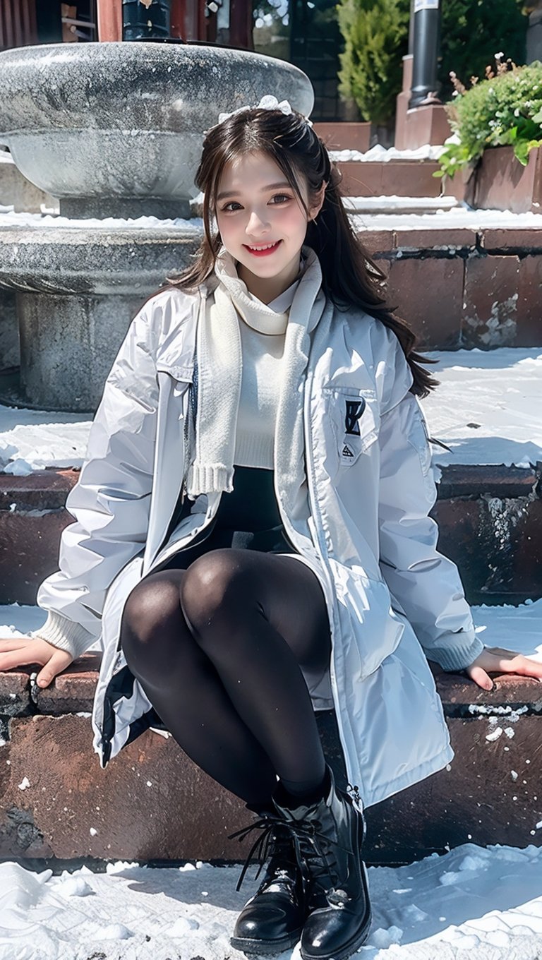 (Best quality, 8k, 32k, Masterpiece, UHD:1.2),Photo of Pretty  woman, stunning, 1girl, (medium dark brown ponytail), double eyelid, natural medium-large breasts, slender legs, tall body, soft curves, skin pores, white coat, knit dress shirt, checkered skirt, red scarf, snow heeled boot, sitting on stairs on shrine, snowy shrine, heavy snow on shrine, fashion model posing, unforgettable beauty, look at viewer, sexy smile, closed to up, lifelike rendering, detailed facial features, detailed real skin texture, detailed details,ffff,33310,shiny oil grey pantyhose,xuer popsicle,girlvn