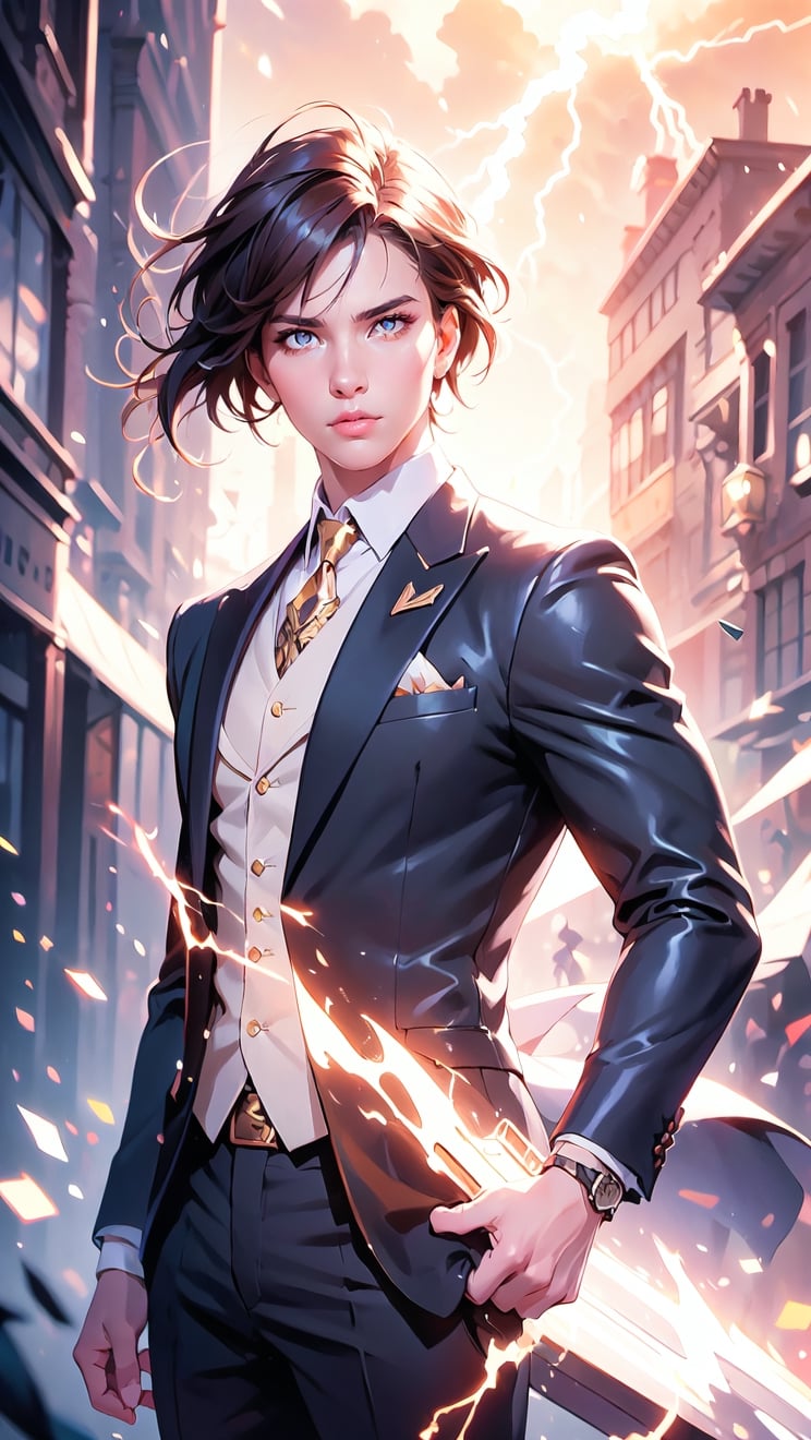 A fantastic painting of a man in a suit, by Greg Rutkowski and Alphonse Mucha. Trending on Artstation, 8k HD wallpaperj GTA 5 cover, official media, beautiful, very beautiful, detailed, high quality, wallpaper 4K, epic, trending on artstation and behance, dynamic lightning, intricate details, energetic composition, golden ratio, concept ,Color Booster,perfect light