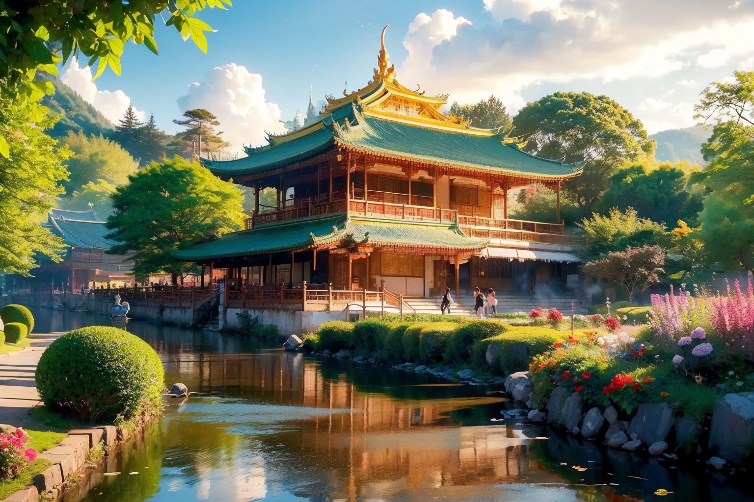 (extremely detailed CG unity 8k wallpaper),(((masterpiece))), (((best quality))), ((ultra-detailed)), (best illustration),(best shadow), ((an extremely delicate and beautiful)),dynamic angle,floating, fairyland,dynamic angle,sea of flowers,beautiful detailed garden,wind,classic,spring, (detailed light),feather, nature, (sunlight), river, forest,(((floating palace))),((the best building)),beautiful and delicate water,(painting),(sketch),(bloom),(shine),Void volumes,pastelbg,Historical Taiwanese Temple,Animal,DRAGONYEAR