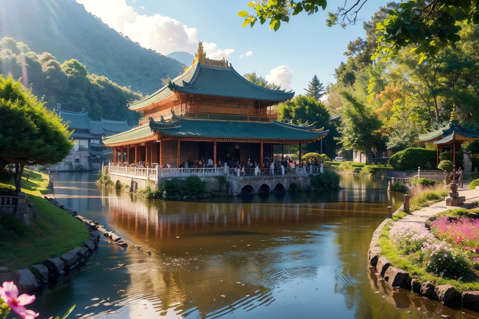 (extremely detailed CG unity 8k wallpaper),(((masterpiece))), (((best quality))), ((ultra-detailed)), (best illustration),(best shadow), ((an extremely delicate and beautiful)),dynamic angle,floating, fairyland,dynamic angle,sea of flowers,beautiful detailed garden,wind,classic,spring, (detailed light),feather, nature, (sunlight), river, forest,(((floating palace))),((the best building)),beautiful and delicate water,(painting),(sketch),(bloom),(shine),Void volumes,pastelbg,Historical Taiwanese Temple,Animal,DRAGONYEAR