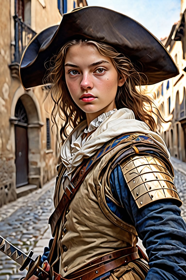 (best quality,highres,masterpiece:1.2),a portrait of a beautiful 18-year-old female swordman in the street, by Johannes Vermeer, 17th century french style, wears musketeer uniform, looks furious, ultra-detailed,realistic oil paint,studio lighting,detailed brushwork,subtle color variations,expressive brushstrokes,dramatic lighting,finely textured canvas,meticulous attention to detail,dimensional representation,impeccable blending,layered composition,life-like facial features,play of light and shadow,intricate facial expressions,fine details in clothing and accessories,beautifully captured emotions,realistic portrayal of skin tones,attention to the intricacies of the human form,impressive depth and dimensionality,convincing and engaging composition,texture and volume in hair,impressive likeness to the subject,graceful and nuanced brushwork,impressionistic style with a hint of realism,lifelike eyes that draw you in,delicate and refined highlights and shadows.
