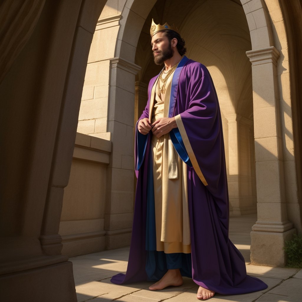 (((1man))), king, long beard, gold necklace, (stocky), short black hair, mature, gold crown, crow's feet, beautiful purple robe,

((photorealistic, masterpiece, high details, best quality, UHD 32K, RAW photo), looking at camara, front view, (( full body shot )), far angle shot, full body, fashion photography, professional photographer, elegant, very detailed, colorful, attractive, beautiful,