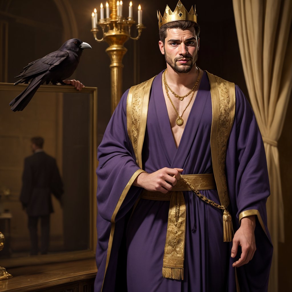 (((1man))), king, long beard, gold necklace, (stocky), short black hair, mature, gold crown, crow's feet, beautiful purple robe,

((photorealistic, masterpiece, high details, best quality, UHD 32K, RAW photo), looking at camara, front view, medium body shot, far angle shot, fashion photography, professional photographer, elegant, very detailed, colorful, attractive, beautiful,