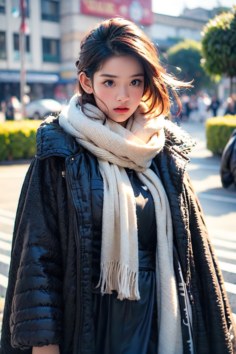 low quality photo, film grain, blur, A woman wrapped in a cream-colored scarf, with a black coat draped over her shoulders. Her gaze is pensive, her black hair tousled by the wind, bare face, against an urban backdrop, sunlit face,girlvn