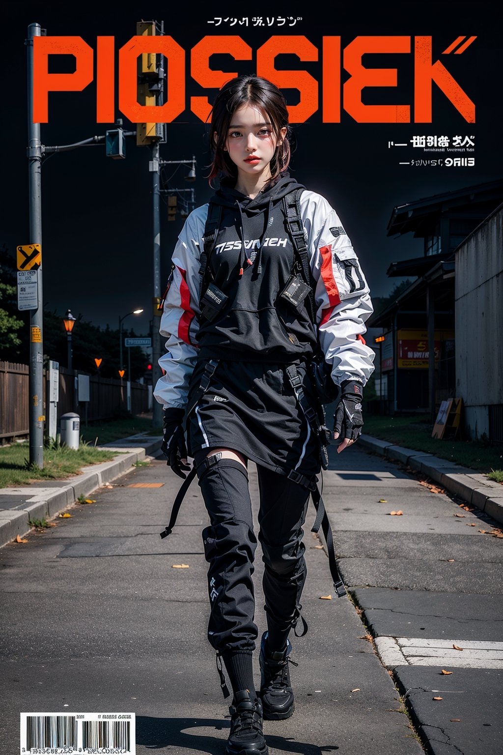 Defaults17Style, minimalist robot, solo BREAK ((magazine cover)), masterpiece, best quality, highres, (multicolored hair:1.1), clas, awesome pose, SilverWolfV5, urban techwear,urban techwear