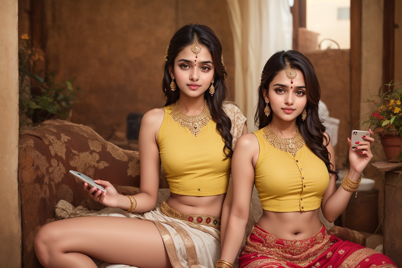 lovely  cute  young  attractive  indian  teenage  girl  in  a  short yellow  crop  top  ,  23  years  old  ,  cute  ,  an  Instagram  model  ,  long  blonde_hair  ,  colorful  hair    ,  playing song on mobile   in the room .  ,  „  Indian 