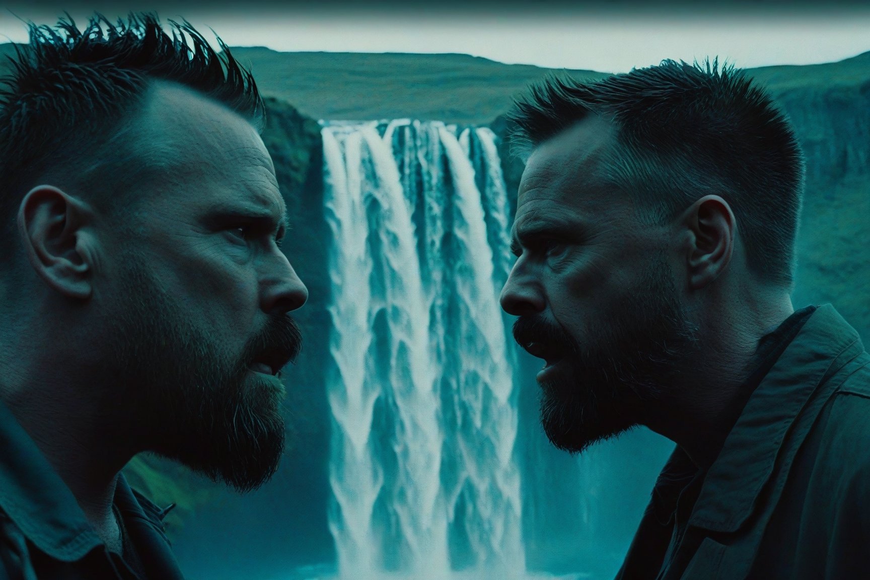 Cinematic close up of [Mecha machine] having a heated conversation with [Man with futuristic black exploration clothing + mid length dark beard]. Scene: iceland with waterfall on background. asymmetric, muted colors, triadic colors, professional color grading, film grain. low angle. --ar 21:9, cinematic style,Movie Still,More Reasonable Details,Movie Aesthetic,Film_Grain