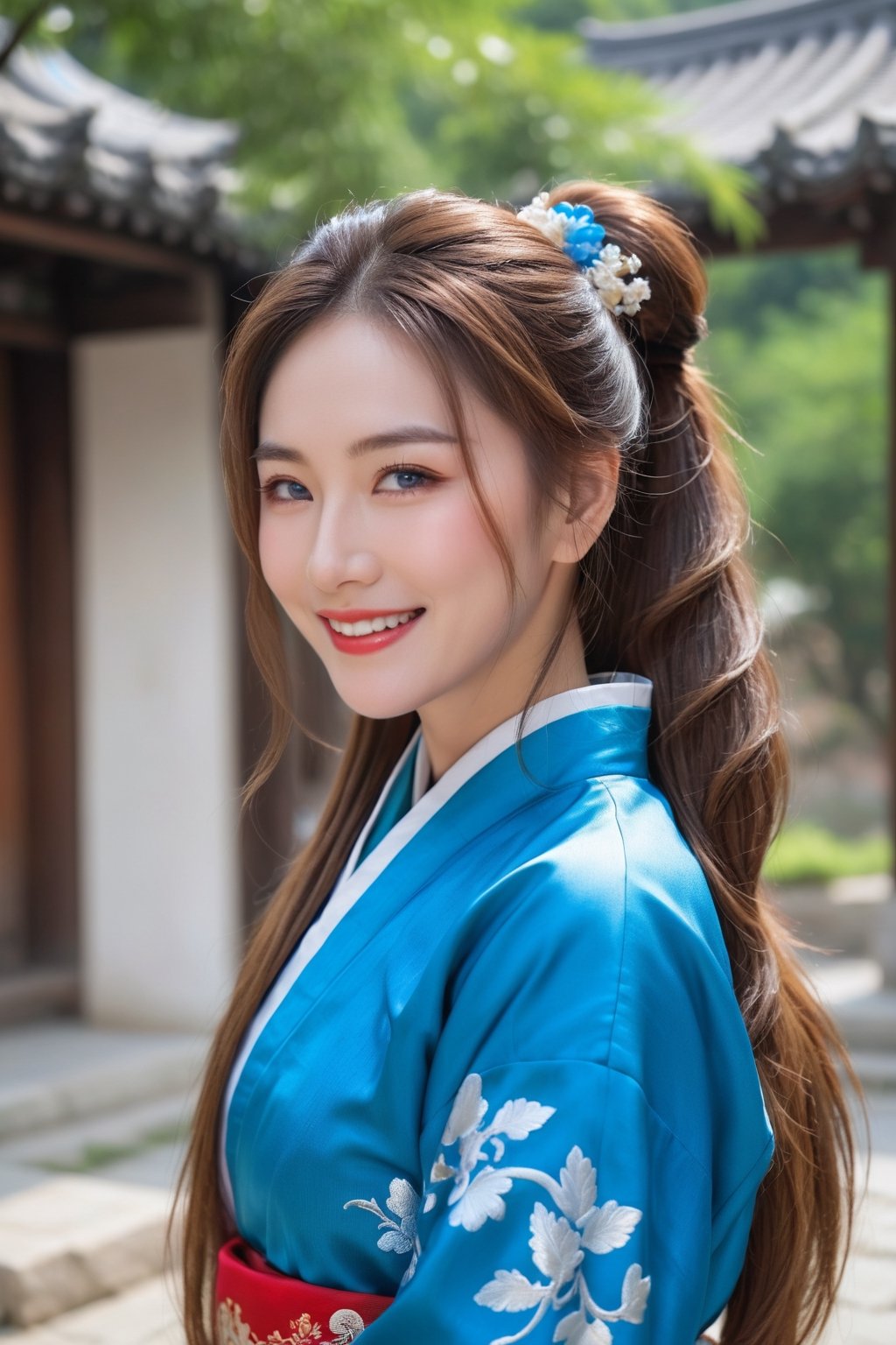 Masterpiece, beautiful details, perfect focus, uniform 8K wallpaper, high resolution, exquisite texture in every detail,((background Blur: 2))), mature woman,Half up and half pony hairstyle, blue eyes, clear and shining deep eyes, smile, happiness, open mouth, hanfu, fluff, outdoor,full body , masterpiece, top quality, 