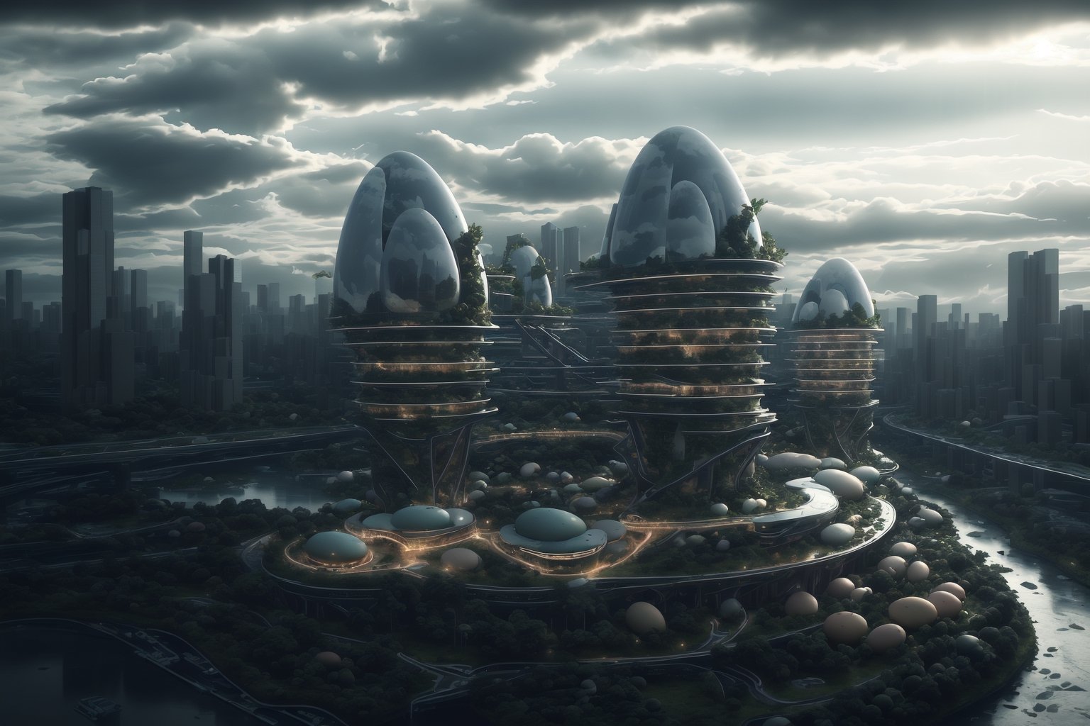 bright_daylight,
((dark_clouds)),


futuristic_city,
science_fiction_scene,
space_ships,
((close-up_of_a_single_energy-efficient_building_shaped_like_an_easter_egg)),
organically_shaped_buildings,
jungle,
((exotic_plants)),
(river),





photorealistic,
Hyper Realistic,

(masterpiece),
High_resolution, very_detailed, sharp_focus, 8k.,SD 1.5,
bird 's-eye view