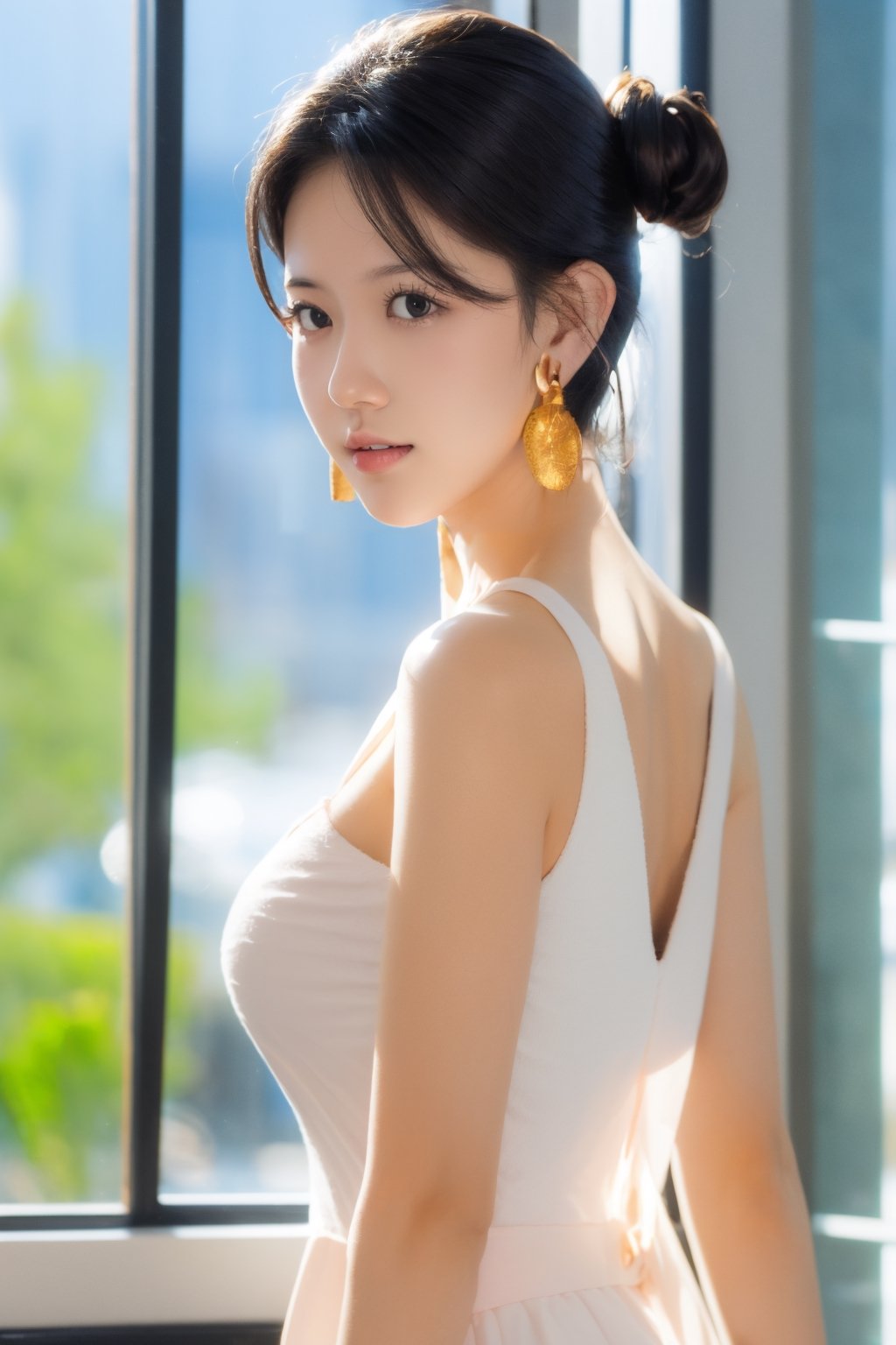 1girl, solo, breasts, looking at viewer,  black hair, bun hair, tank top, cleavage, bare shoulders, brown eyes, jewelry, medium breasts, pov, collarbone, upper body, earrings, sleeveless, indoors, white dress, lips, window, golden ratio, backlighting, realistic